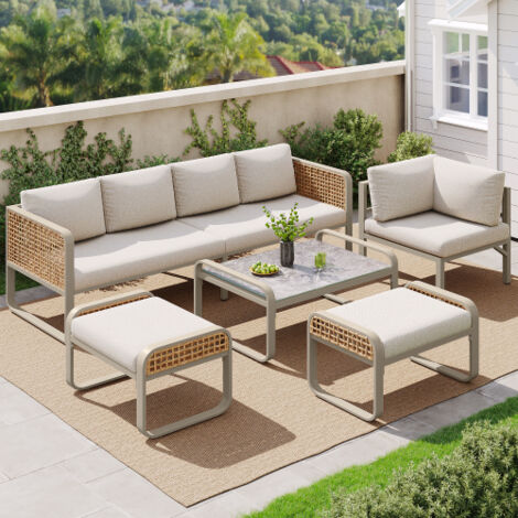 Salon de jardin modulable 6-7 places avec canapé, 3 tabourets, table basse, pieds réglables, rotin et acier galvanisé, beige