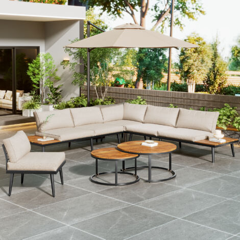 Salon de Jardin Modulable 6 Places - 2 Canapés 2 Places 160x64x75 cm + 2 Fauteuils 64x64x75 cm + 2 Tables Rondes Acacia Massif (75x45 cm et 55x38 cm) - Structure Acier Galvanisé - Coussins 8 cm - Beig