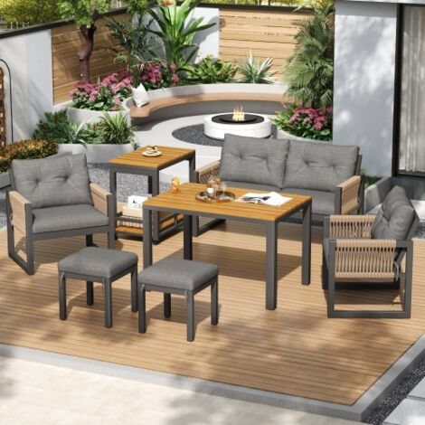 Salon de jardin modulable 6 places en fer avec table amovible, coussins épais et accoudoirs tressés, gris/naturel