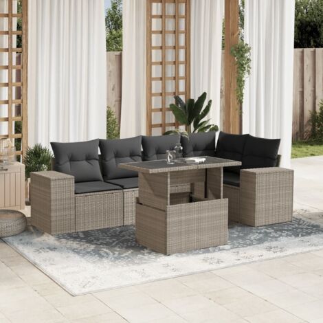 Salon de Jardin Modulable 6 Places  Résine Tressée Gris Clair avec Table Réglable et Coussins Anthracite