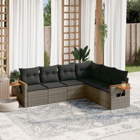 Salon de jardin modulable 7 pièces en résine tressée gris avec coussins amovibles
