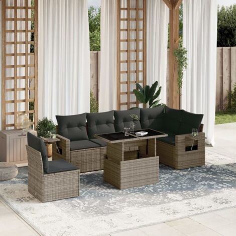 Salon de Jardin Modulable 7 Places Gris - Ensemble Résine Tressée avec Table Réglable et Coussins