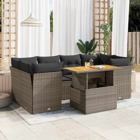 Salon de jardin modulable 7 places gris résine tressée, table avec plateau relevable et rangement