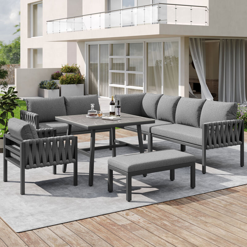 Salon de jardin modulable 8 places – Canapé d'angle + 1 fauteuil + 1 banc + 1 table – Dossiers inclinables – Structure en métal – Couleur grise –