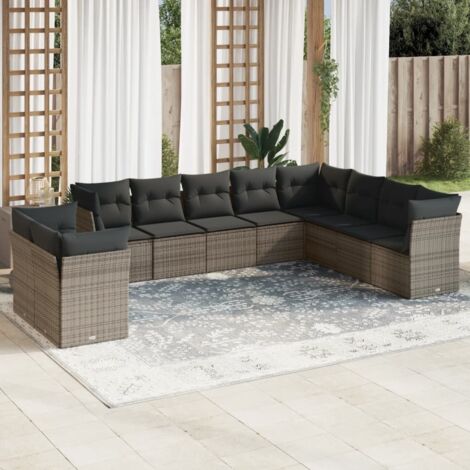 Salon de jardin modulable avec coussins gris 10 places en résine tressée et coffre de rangement