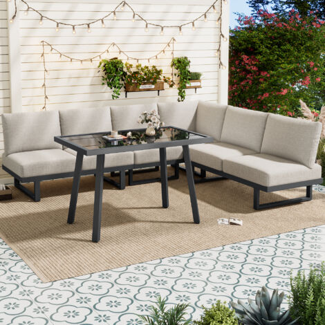 Salon de jardin modulable avec table à manger canapé d angle convertible en lit acier galvanisé gris