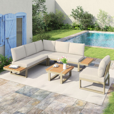 Salon de jardin modulable beige avec 2 bains de soleil inclinables, table basse et étagères, acier galvanisé