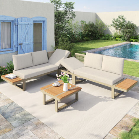 Salon de jardin modulable beige avec table basse, 2 bains de soleil inclinables, structure acier galvanisé