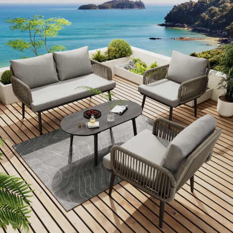 Salon de jardin modulable canapé 2 places 2 fauteuils table basse tressé main acier galvanisé plateau verre effet bois coussins confort gris