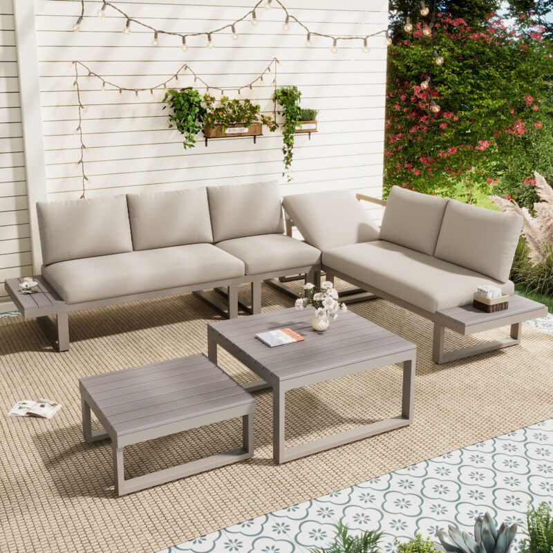 Salon de jardin modulable d’angle avec dossiers inclinables 5 positions (jusqu’à 55°), acier galvanisé, khaki