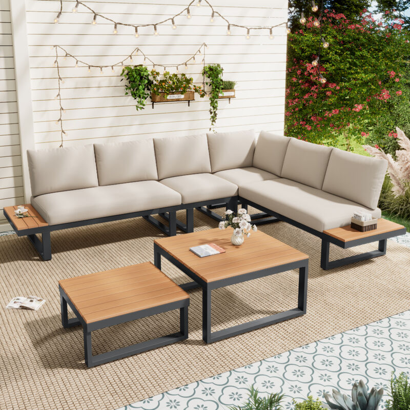 Salon de jardin modulable d’angle avec dossiers inclinables 5 positions, 2 tables basses empilables, beige/noir