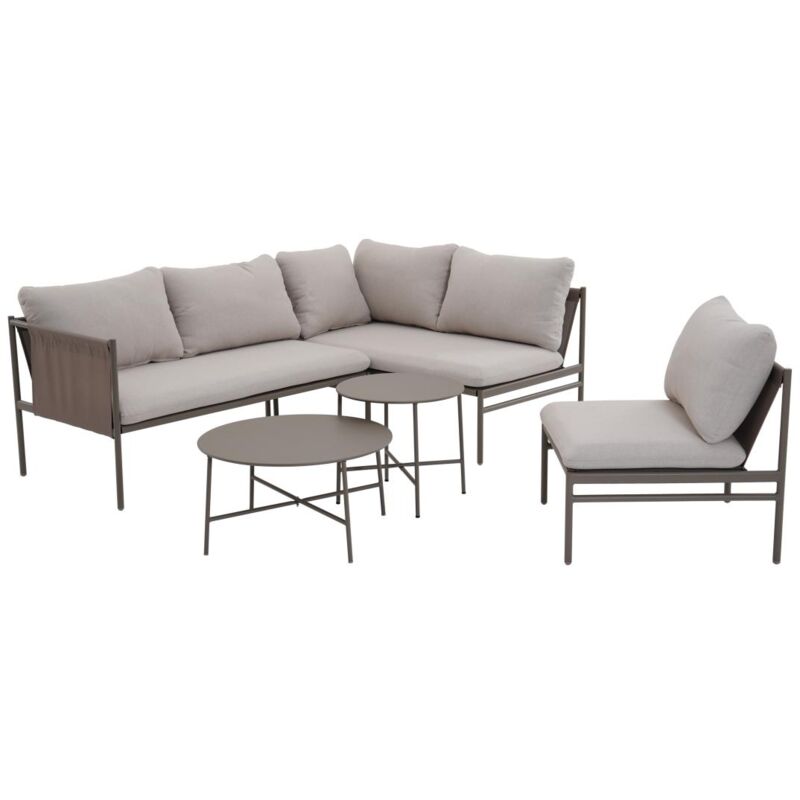 Salon de jardin modulable en acier : un canapé d'angle 5 places et tables basses gigognes - Taupe - ulame de mylia