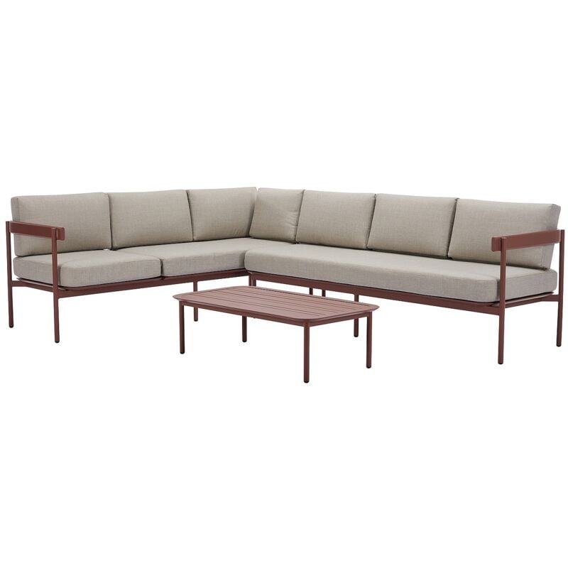 Vente-unique - Salon de jardin modulable en aluminium : 1 canapé d'angle relevable + 1 table basse - Terracotta et coussins beige - laston de mylia