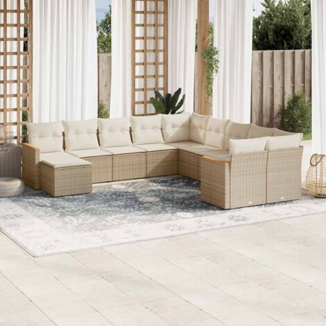 Salon de Jardin Modulable en Résine Tressée 10 Pièces Beige avec Coussins Crème, Table en Acacia et Fonctions Rangement