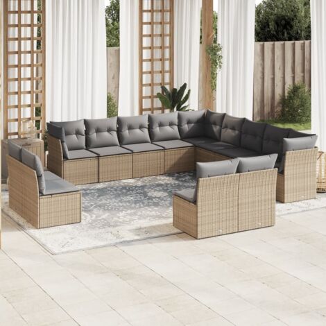 Salon de jardin modulable en résine tressée beige avec 12 coussins gris lavables – 7 sièges centraux, 4 sièges d'angle et table en verre trempé