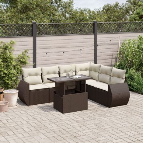 Salon de Jardin Modulable en Résine Tressée Marron avec Table et 7 Coussins Crème – Canapé d'Exterieur pour Terrasse et Patio