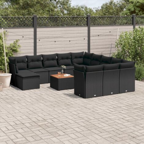 Salon de jardin modulable en résine tressée noire avec coussins 13 pièces, table en acacia