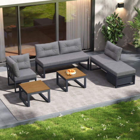 Salon de jardin modulable gris foncé avec dossier réglable 3 positions, fonction bain de soleil, rangement et coussins épais