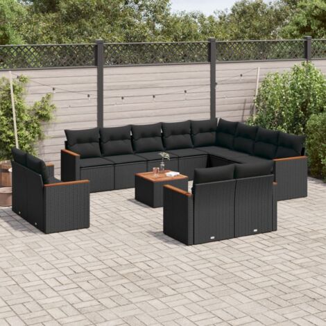 Salon de Jardin Modulable Noir 13 Pièces Résine Tressée Acacia - Table et Coussins Amovibles