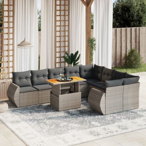 Salon de jardin modulaire 10 pièces en résine tressée gris avec table extensible et coussins lavables