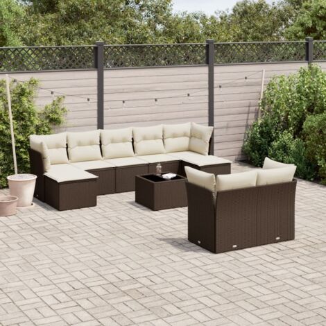Salon de Jardin Modulaire 10 pièces en Résine Tressée Marron avec Coussins Crème, Table en Verre Trempé et Coffre de Rangement