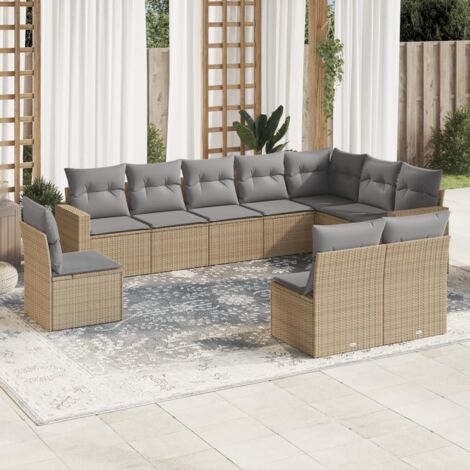 Salon de jardin modulaire 10 places en résine tressée beige, canapés d'angle avec coussins épais et housses lavables