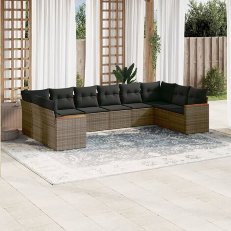Salon de Jardin Modulaire 10 Places en Résine Tressée Gris avec Coussins, Housse Lavable et Rangement Intégré