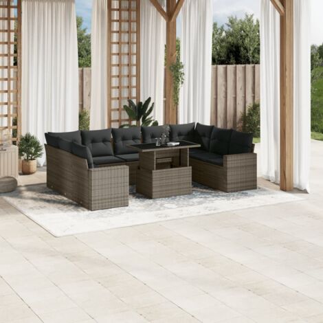 Salon de jardin modulaire 10 places gris résine tressée, canapés, fauteuils et table extensible avec coussins lavables