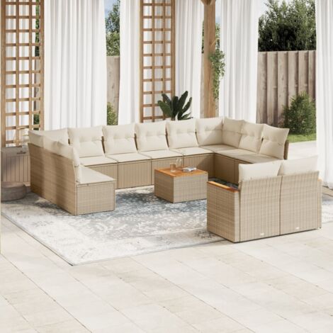 Salon de jardin modulaire 13 pièces avec coffre rangement et coussins, résine tressée beige, table en acacia, meubles extérieur
