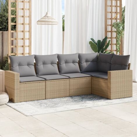 Salon de Jardin Modulaire 5 Places en Résine Tressée Beige avec Coussins Gris, Stockage et Housse Lavable - [Code-Ref]