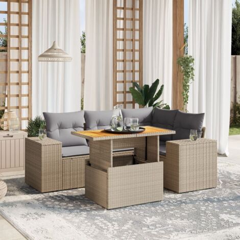 Salon de jardin modulaire 5 places en résine tressée beige avec table extensible en acacia et coussins gris