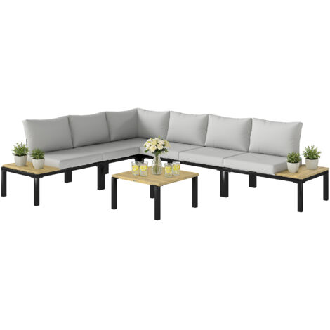 Salon de Jardin Modulaire 6 Pièces Ensemble Canapé Extérieur Transformable en Lit Table Basse et Plateaux Latéraux Gris