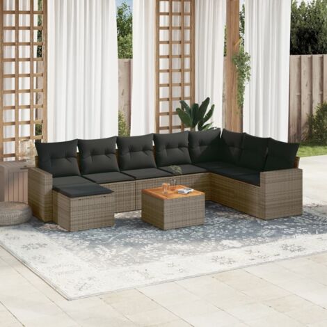 Salon de Jardin Modulaire 7 Pièces en Résine Tressée Gris, 2 Canapés + 2 Poufs + Table en Acacia, Coussins Amovibles