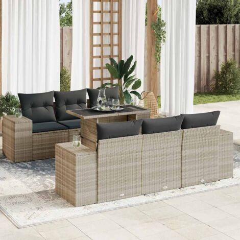 Salon de Jardin Modulaire 7 Pièces, Résine Tressée Gris Clair, Table Réglable, Coussins Gris Foncé, Stockage Sous Siège avec Sacs Imperméables, Jusqu'à 110 kg par Siège