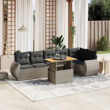Salon de Jardin Modulaire 7 Places en Résine Tressée Gris avec Coussins, Table Rehaussable 100x55cm et Accoudoirs