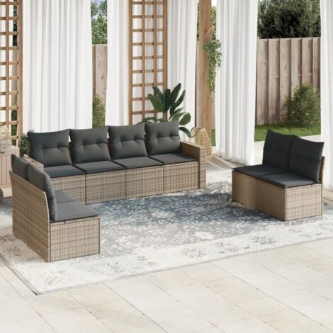 Salon de Jardin Modulaire 8 Places en Résine Tressée Gris avec Coussins Épais, 2 Sièges d'Angle + 6 Sièges Centraux, Housse Lavable
