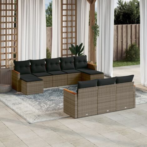 Salon de Jardin Modulaire 8 Places, Résine Tressée Gris, Avec Coussins Détachables 10 pièces