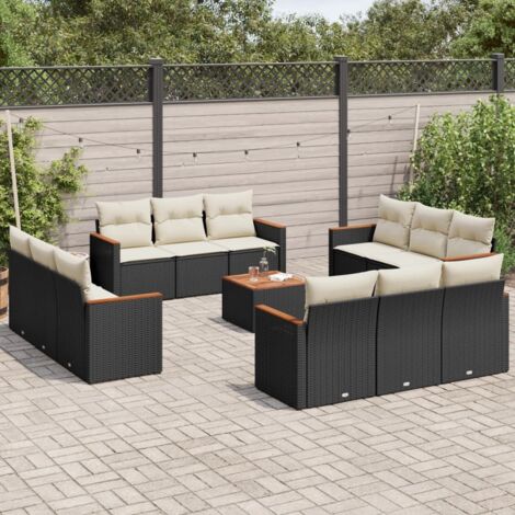 [Salon de Jardin Modulaire] Black Forest S-Lounge [Résine Tressée Noir, Acacia, Coussins Crème] 13 Pièces