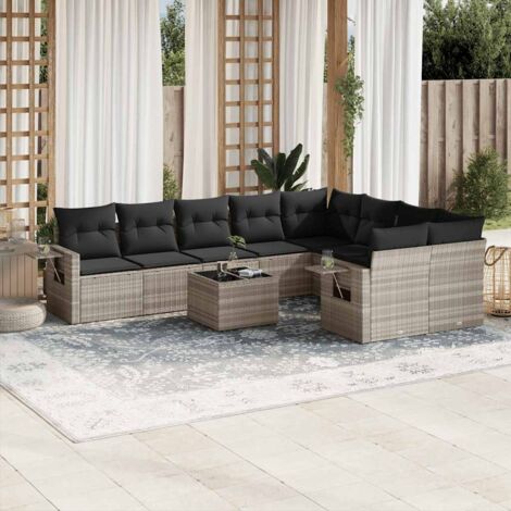 Salon de jardin modulaire en résine tressée avec 10 coussins anthracite, verre trempé et tables d'appoint - 9 pièces gris clair