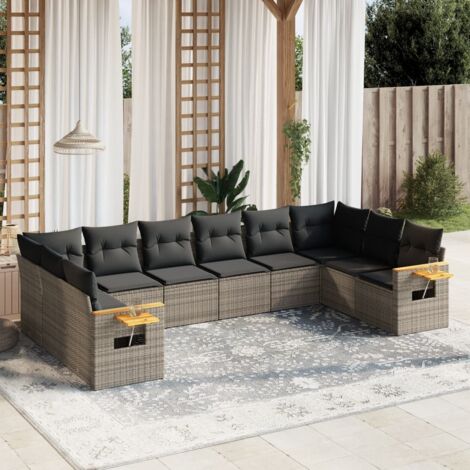 Salon de jardin modulaire en résine tressée gris, 10 places avec 10 coussins et tables d'appoint