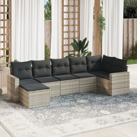 Salon de jardin modulaire en résine tressée gris clair avec 7 coussins déhoussables