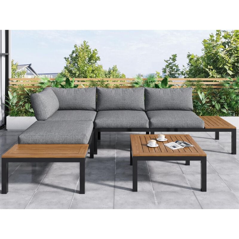Salon de jardin multifonctionnel en Acier galvanisé et décoré de Bois d'Acacia - 4 places - canapé d'angle et 1 table basse - Gris