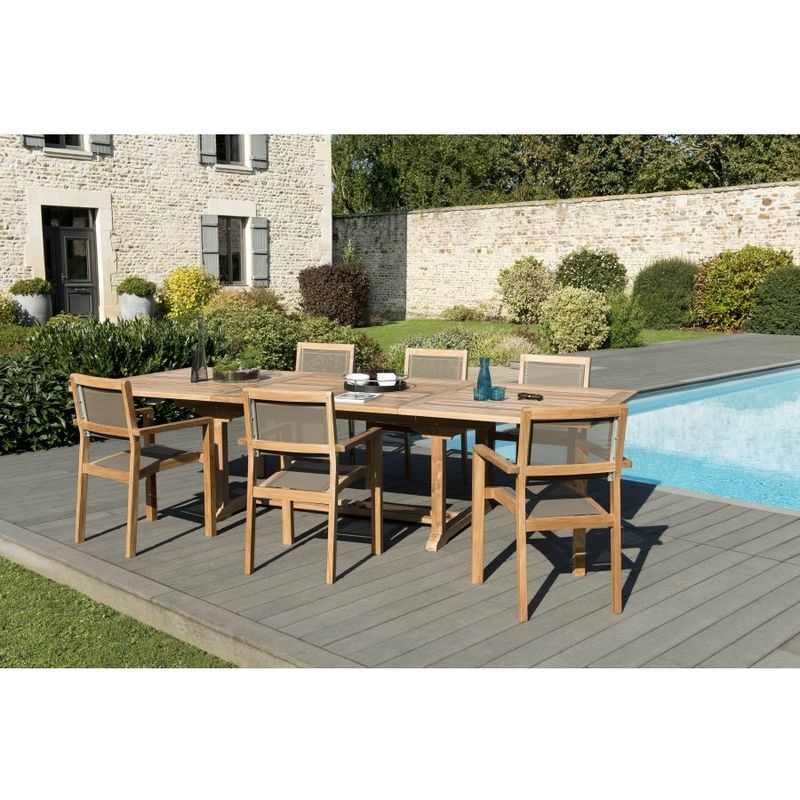 Harris - salon de jardin en bois teck 10/12 pers - 1 Table rectangulaire extensible - 6 fauteuils empilables textilène taupe - Marron