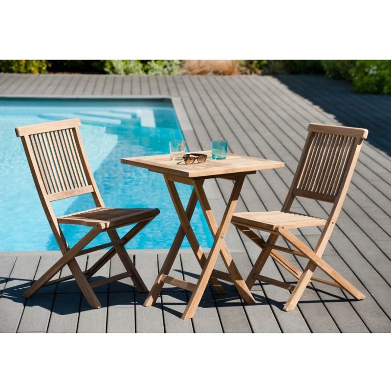 Macabane - harris - salon de jardin en bois teck 2 personnes : Ensemble de jardin - 1 Table carrée pliante 60 cm et 2 chaises - Marron
