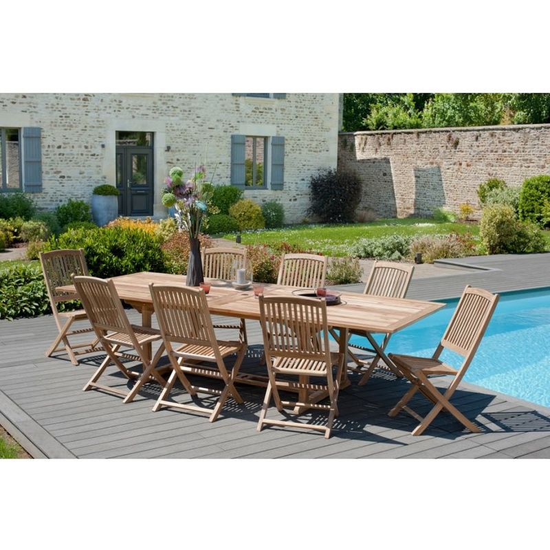 Harris - salon de jardin en bois teck 10/12 pers. - 1 Table rectangulaire extensible 200/300120cm et 8 chaises - Marron