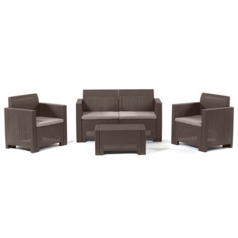 Salon de jardin Nebraska II – Ensemble 1 table, 2 fauteuils, 1 canapé – Coussins en polypropylène effet rotin brun – Salmar