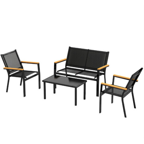 Salon de jardin noir 4 pièces : canapé 2 places, 2 fauteuils, table basse en verre trempé