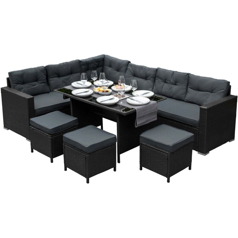 Salon de Jardin Noir en Rotin pour 9 Personnes Ensemble Table & Sièges avec Coussins Ultra Epais & Lavable - Anti-UV - Aménagement Extérieur Terrasse