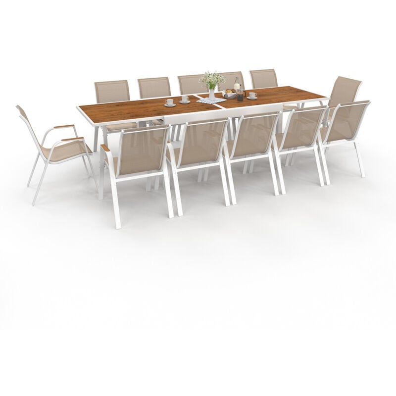 Salon de jardin noumea extensible table 135/270 cm plateau verre trempé effet bois et 12 chaises empilables blanc et bois