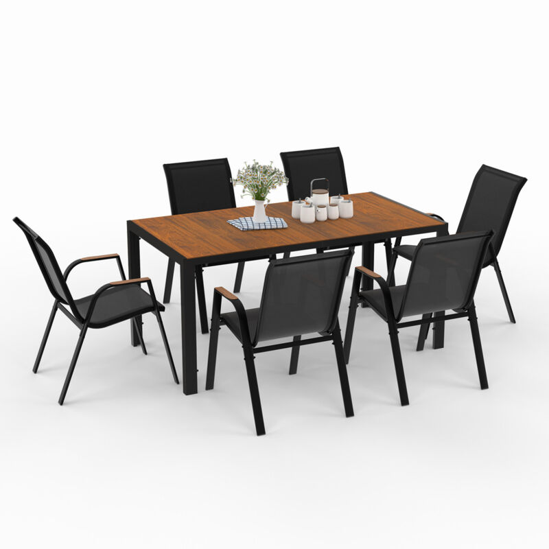 Salon de jardin NOUMEA table 150 cm plateau verre trempé effet bois et 6 chaises empilables noir et bois